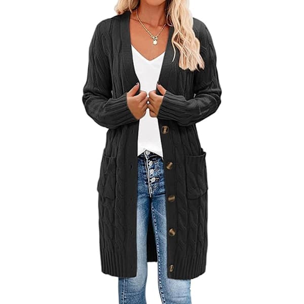 Langærmet kabelstrikket lang cardigan til kvinder, åben front med knapper, overtøj grå