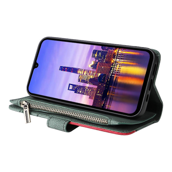 Multifunksjonelt etui til Samsung Galaxy A16, etui med glidelåslomme, lommebok, skinndeksel med stativ Green