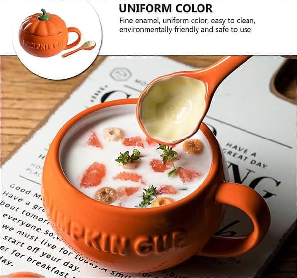 Halloween Pumpa Keramiska Kaffemuggar Kaffemugg med Lock Soppmugg för Hemmet (Orange)