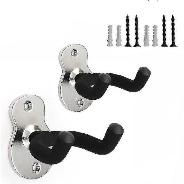 Set med 2 metallväggfästen - Silver för gitarr, gitarrställ med skyddande svamp, passar alla huvudtyper, elgitarr, ukulele, banjo, bas