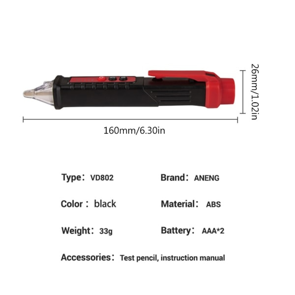 Digital AC 12V~1000V Spänningsdetektor Smart Non-Contact Tester Pen Meter Ström Elektrisk Sensor Test Pen Tillbehör