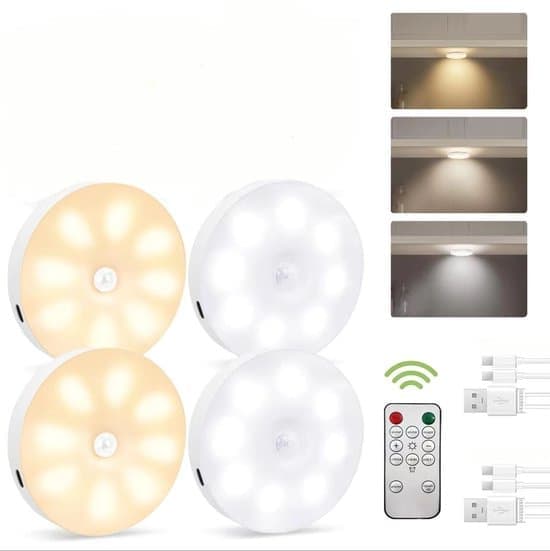 4-pack rörelsesensor uppladdningsbar skåpbelysning, 8*8*2cm, 3-färgs dimbar, med fjärrkontroll