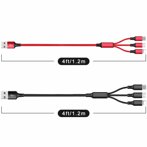 Multi 2-pack, 3A 3 i 1 snabbladdningssladd, 1,25 M nylon multipel USB kabel med iP Micro USB Typ C-port
