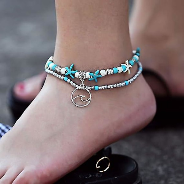 Blå Skildpadde Ankelkæder til Kvinder Piger Multilayer Perler Håndlavet Strand Ankelarmbånd Sæt Boho Fod Smykker