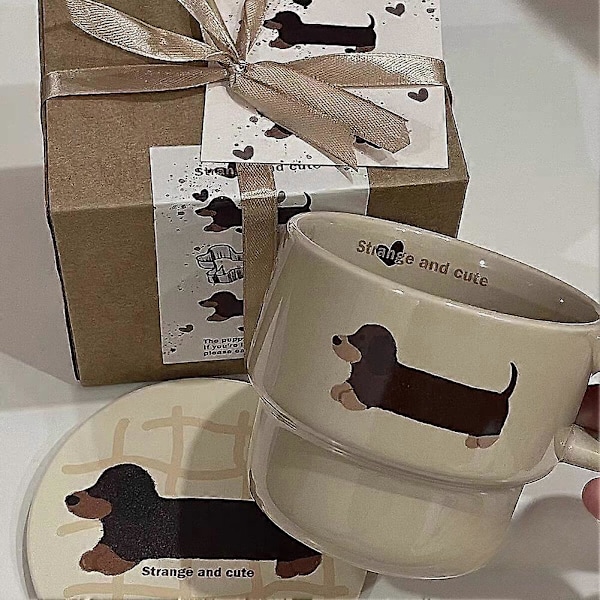 Sød Dachshund Hvalpe Stabelkop - Håndmalet Keramisk Pølsehund Kaffe Kop