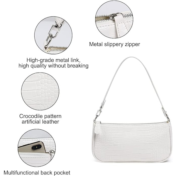Läder axelväska för kvinnor, Mini handväska med krokodil liten crossbody väska Klassisk för kvinnor 90-talets miniväskor med kedja White
