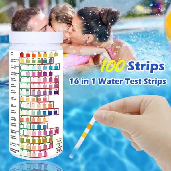 16-i-1 vatten testremsor, analyskit för dricksvatten (förpackning med 100 testremsor + plastslang + droppare)