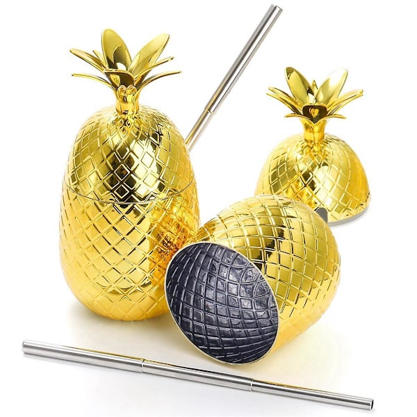 2 Pak Ananas Drikkekopper, 450ml Guld Ananas Med Strækbar Halm, Hawaiiansk Luau Party Kopper