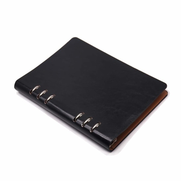 A5 Notesbog 6-Huls PU-Cover Notesbog, Aftagelig Lomme Læder Genopfyldningsbar Notesbog Binder Ringe Journal Hård Cover Dagbog Forretning (Sort)