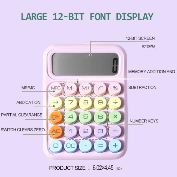 Kreativ elektronisk sød farve lommeregner, rund knap lommeregner, 12-cifret LCD og store runde knapper, sød lommeregner
