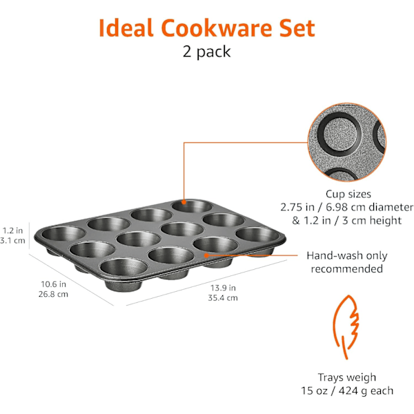 Basics Nonstick Rundt Karbonstål Muffinsform, 2-pakning, Grå