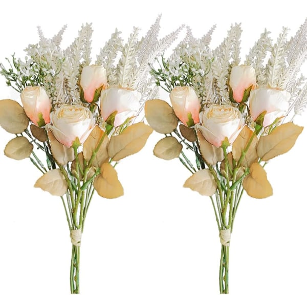 Kunstige tørrede blomster Falske silke roser blomsterarrangementer 2 pakker af plast hvede ører Buket dekoration centerpieces til hjemmet (champagne)