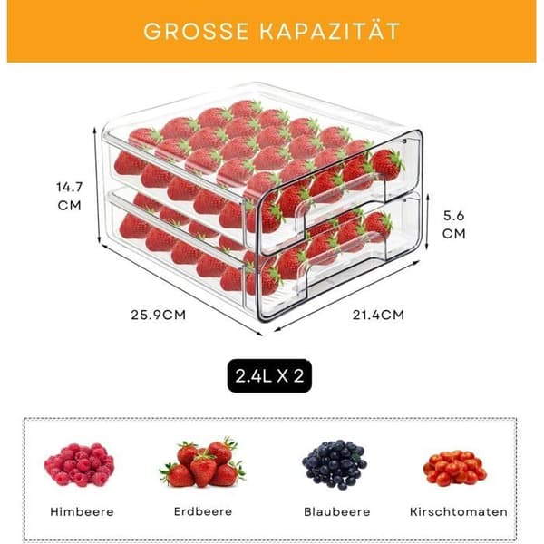 1-pack stapelbara kylskåpslådor – dubbellagers kylskåpsorganisatör, klar plast – med dräneringsdyna