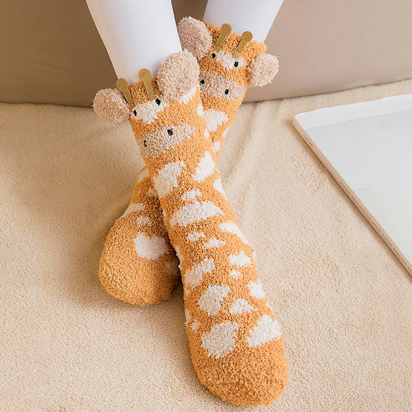 1 Par Vuxnastrumpor Cartoon Katt Kanin Alpacka Giraff Kyckling Fuzzy Fluffig Tjock Stretchy Håll Varma Korall Fleece Höst Vinter Golv Sovstrumpor Yellow One Size