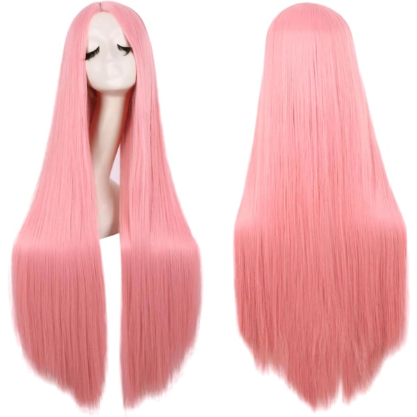 32 tum 80 cm långa rosa cosplay peruker för kvinnor rakt syntetiskt hår hel peruk mittendel för fest