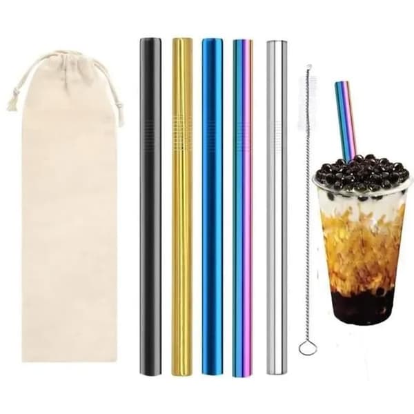 Set med 5 återanvändbara Bubble Tea-sugrör - Extra breda 12 mm sugrör i rostfritt stål - med 1 rengöringsborste