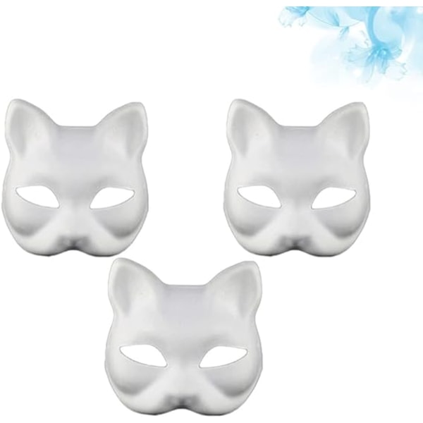 3 stk hvite, enkle DIY ubemalte kattehalvmasker - Dyremasker for karneval, dans, cosplay, fest og kostymefest