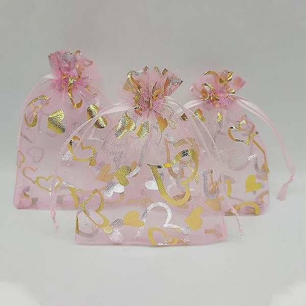 100 stk. 9x12cm Hjertetrykte lyserøde organzaposer Smykkeposeposer Organza snøreposer Bryllup