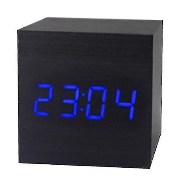 Træur kreativt elektronisk ur firkantet digitalt ur mini vækkeur termometer sengekantsur (tid, dato Temperatur) -G
