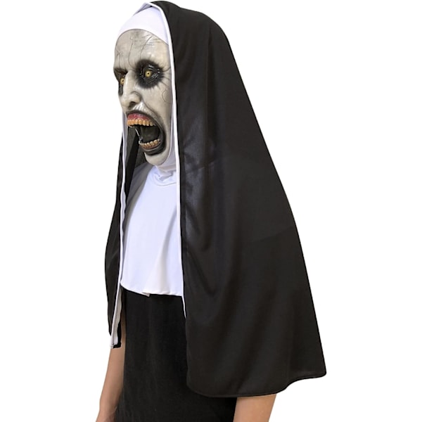Uhyggelig nonne Halloween-maske, realistisk åben mund latex hætte maske med hætte Halloween kostume fest rekvisitter