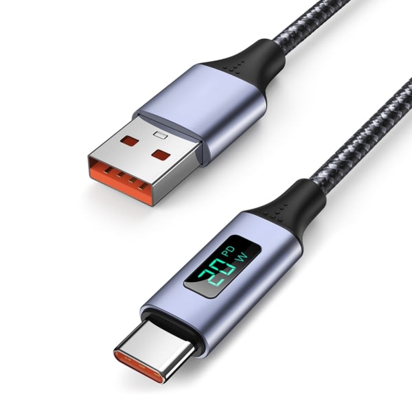 PD 20W USB til USB C-kabel, 3,0A hurtigladende USB C-kabel med LED-skjerm, nylon Type C-kabel for bærbare telefoner