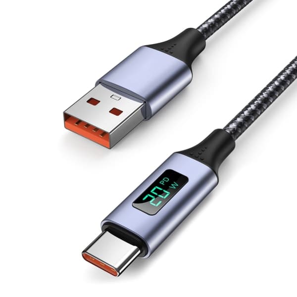 PD 20W USB til USB C-kabel, 3.0A hurtigopladningskabel USB C med LED-display, nylon Type C-kabel til bærbare telefoner