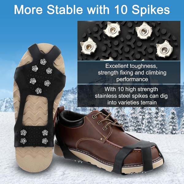 Stegjern issko til sko og støvler, snegreb med 10 pigge i rustfrit stål, skridsikker udendørs vinterstegjern til gåture, fiskeri