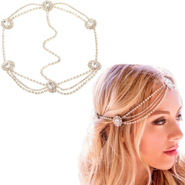 Kvinnor Rhinestone Head Chain Boho Crystal Headpiece Rose Gold Bröllopshår Accessoar Present till hennes fest Headpiece för bruden Brudtärna Girls (guld)