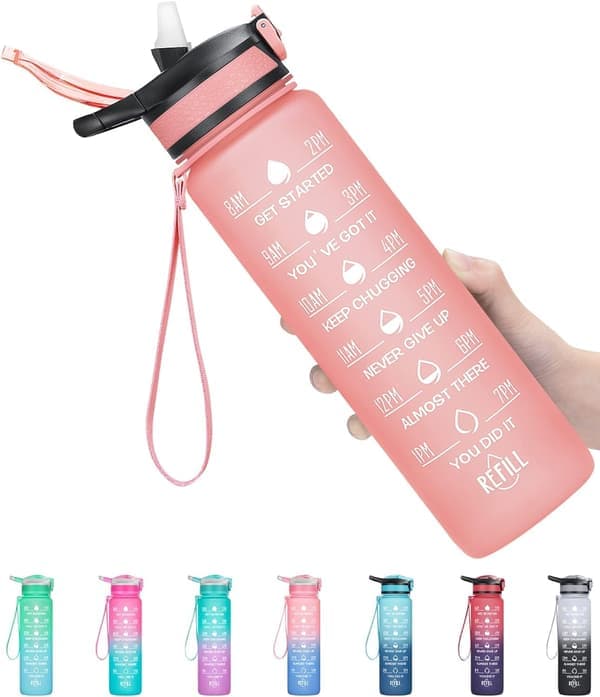 Vattenflaska med sugrör och handtag med spänne, rosa (1 liter) - WELLNGS