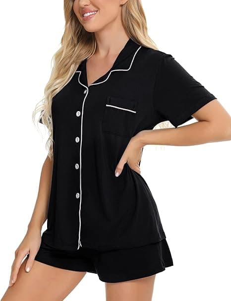 Pyjamasset för damer, kortärmad, sovkläder, damknäppning, nattkläder, PJ-set med fickor