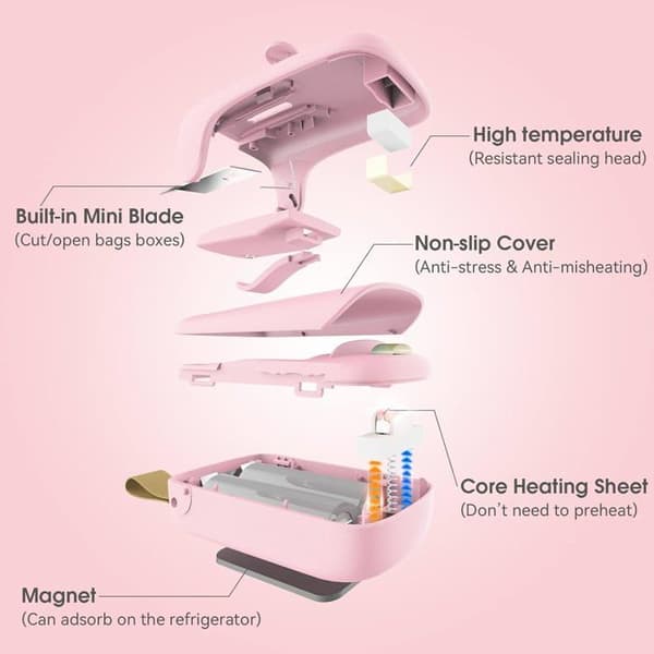 Minipåsförseglare, bärbar vakuumförseglare, 2-i-1 förseglare och skärare med snodd (2 AA-batterier ingår) - Rosa