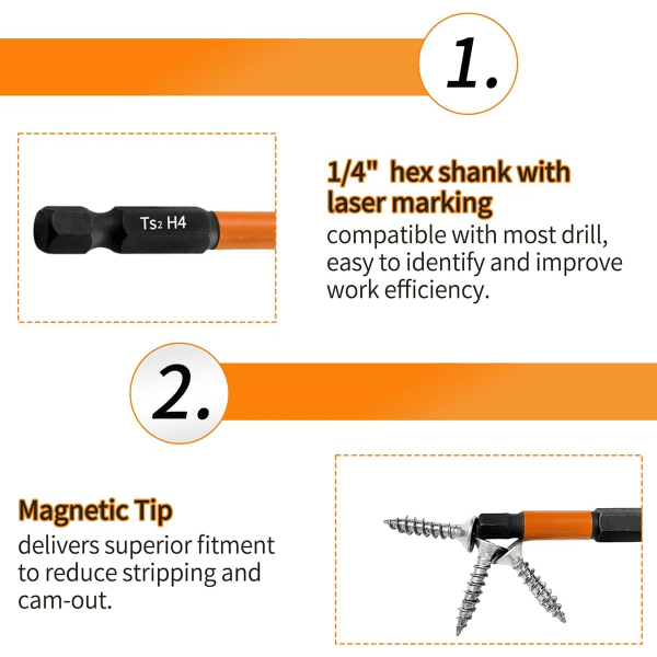 Profesjonelt H1.5-H10 sett med 9 stk. 50 mm lange magnetiske slag skruer med 1/4\" sekskant skaft