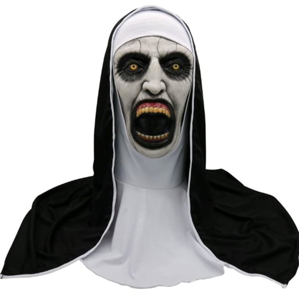 Uhyggelig nonne Halloween-maske, realistisk åben mund latex hætte maske med hætte Halloween kostume fest rekvisitter