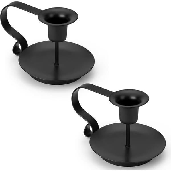 Sett med 2 svarte lysestaker i metall med håndtak, ideelt for borddekorasjon og julepynt.