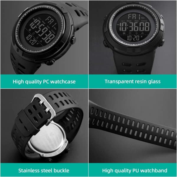 Digitalt armbåndsur for menn, vanntett med LED-baklys