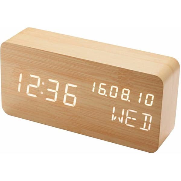(Träfärg) Digital väckarklocka i trä med ljudkontroll och LED-display, driven av dubbla USB-batterier, tyst LED-klocka
