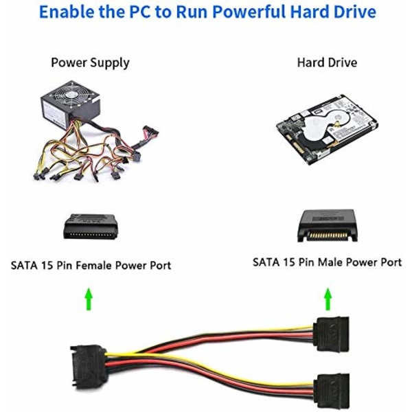 15-pinninen SATA-uros 2 SATA-naaras virtajakokaapeli Y-kaapeli 20 cm