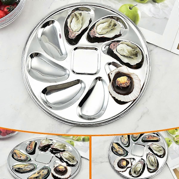 Østersfad, 2 stk. rustfrit stål østersfade østersfad skålformet holdbar østersbeholder med 8 rum til østerssauce og citroner[PB]