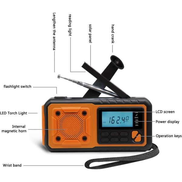 Vevradio, 4000mAh Power Bank Solar håndsvingradio, AM/FM/WB/NOAA og Alert bærbar vejrradio