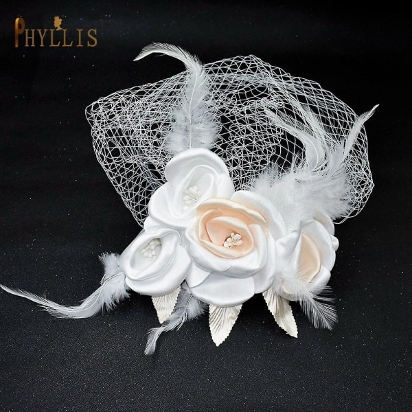 Jm01 Brudslöja i nät med fjädrar och blomma, kort slöja, festbröllopsslöja, vit fascinator, brudhattar med slöja