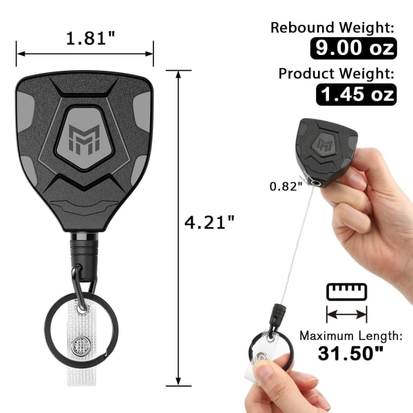 Heavy Duty sammenklappelig nøglering med bælteklips, sammenklappelig ID-kortholder med 31,5 tommer stållanyard og nøglering, 2-pak