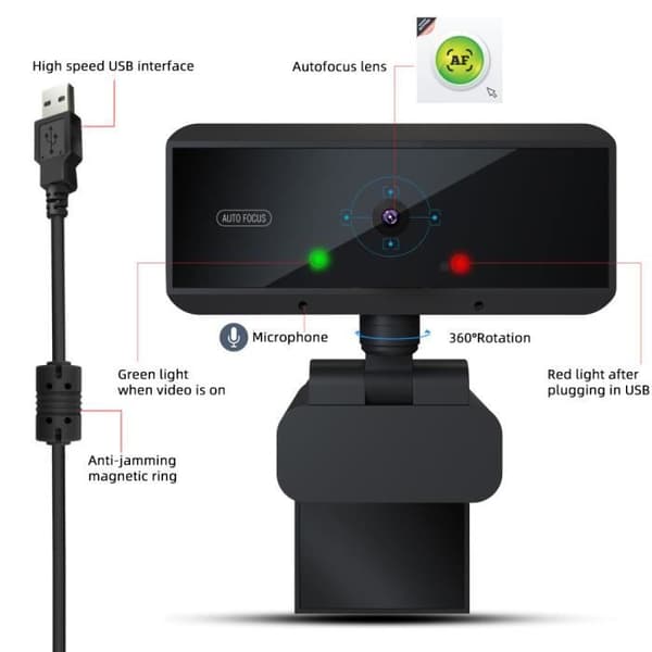 Computer Kamera med Autofokus, HD 1080P, Indbygget Støjreducerende Mikrofon, PC Webcam