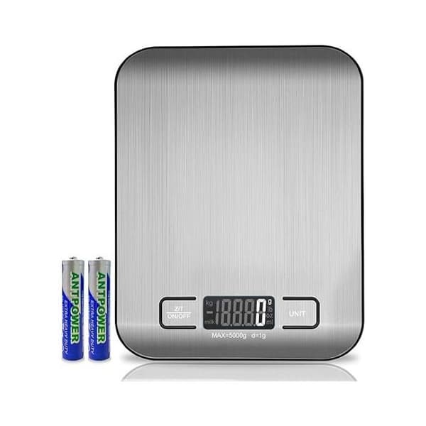 Elektronisk kjøkkenvekt, 5 kg/1 g, sølv, LCD-skjerm, tarafunksjon.