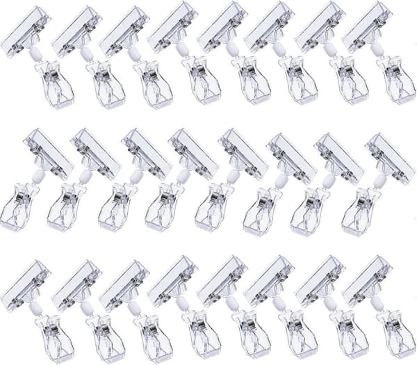 25-pack roterbara skyltklämmor i plast, skylthållare för varor, transparent