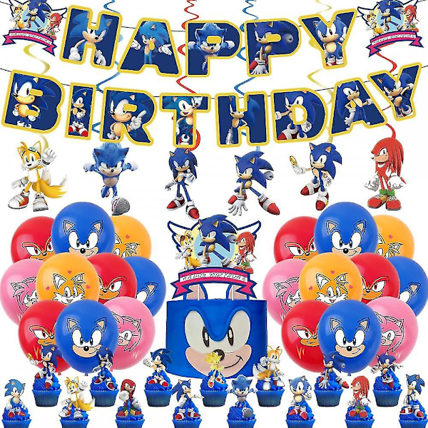 Syntymäpäiväjuhlien koristeet sisältävät Happy Birthday -bannerin, riippuvat pyörteiskoristeet, lateksipalloja, kakunkoristeen