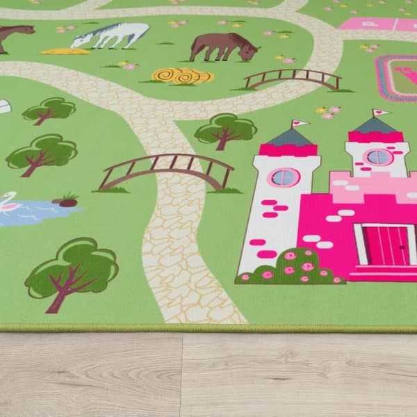 Barnmatta, Lekmatta för Barnrum, Landskap och Hästar - Grön och Beige - Ø 200 cm Ø 200 cm