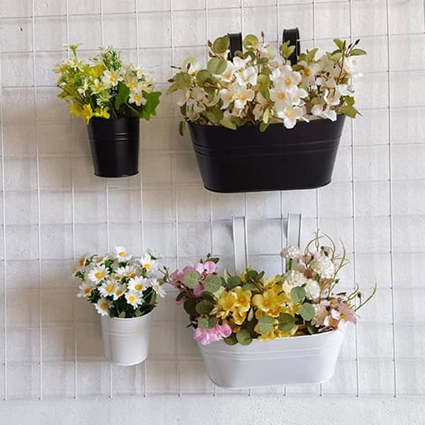 Metalhængende urtepotter til hegn, udendørs planter med drænhuller og kroge (grøn, 1 stk.)