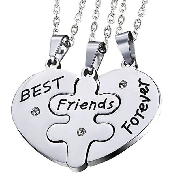 Sett med 3 rustfritt stål Best Friends Forever Friendship Heart Puzzle Pendant Halskjeder, sølv, gull, svart