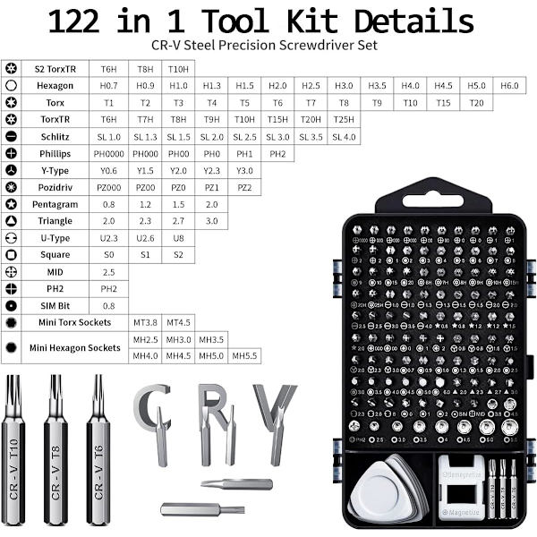 Skruvmejselset - 122 i 1 precisionsskruvmejselset, CRV magnetiska skruvmejselset med magnetisk matta - DIY mini skruvmejselset för klocka