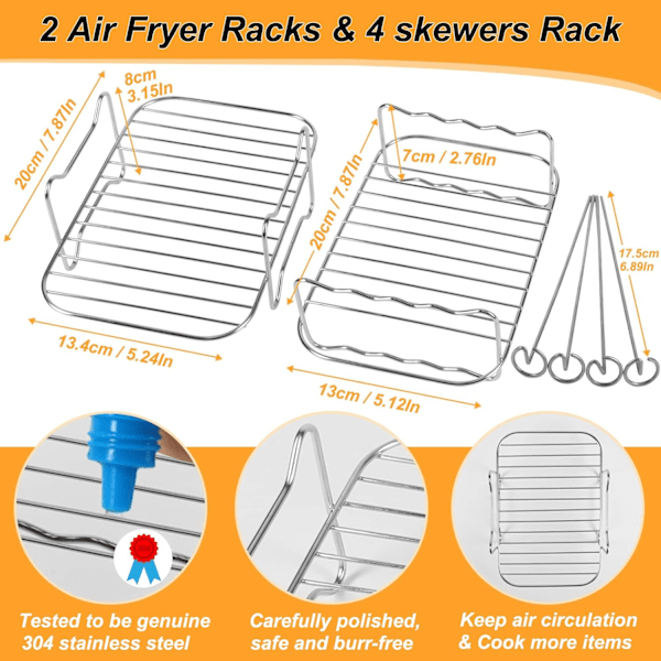 2 stk. Dehydrator Rack med 4 Spyd, Air Fryer AF300UK AF400UK Tilbehør, Grillrist til Ninja/Salter/Instant/EMtronics Double Drawer Fryer